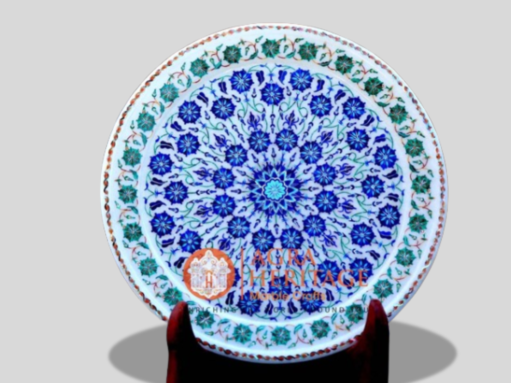 Marble Makrana Plate Lapis Malachite Inlay Handicraft Floral